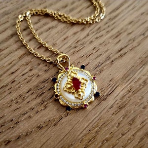 Edwardian Style Dainty Gold Ruby Necklace oval floral filigree Victorian vintage retro antique style red blue sapphire ornate petite small