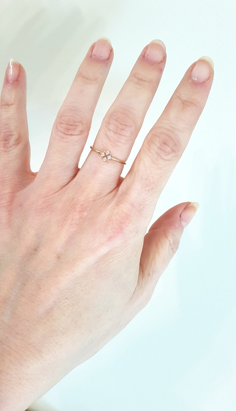 Tiny Dainty Gold Four Leaf Clover Ring delicate flower floral Irish Celtic Shamrock stacking ring stackable ring minimalist geometric square