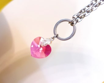 Pink Swarovski Crystal Heart O-Ring Necklace stainless steel chain dainty tiny pendant rose romantic Valentines Day discreet day collar