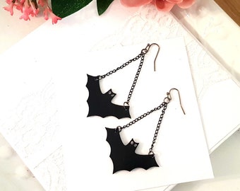 Black Bat Earrings chandelier faux leather spooky Halloween witchcraft witch gothic dark night flying baby bats unique jewelry statement