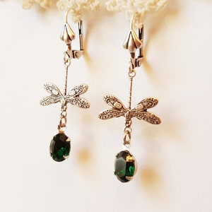 Emerald Dragonfly drop earrings - May birthstone green ornate dangle leverback sterling silver plated vintage style lever back