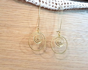 Gold Spiral Ring Geometric Long Earrings modern circle round circles trending minimalist contemporary style hoops gift for her Mother's day