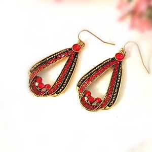 Art Deco Ruby Red Crystal Earrings: Vintage Gold Teardrop Jewelry