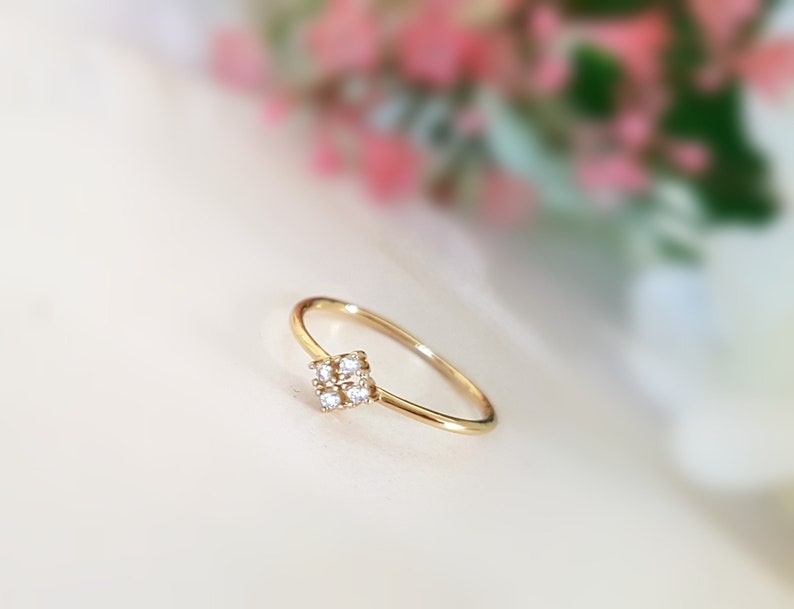 Tiny Dainty Gold Four Leaf Clover Ring delicate flower floral Irish Celtic Shamrock stacking ring stackable ring minimalist geometric square