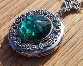 Emerald Green Locket Necklace: Vintage Style Silver Dragonfly Pendant