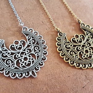 Crescent Boho Necklace: Ornate Silver Bronze Pendant