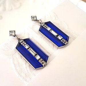 Vintage Style Art Deco Sapphire Blue Earrings geometric silver rectangle inlaid square crystals retro Gatsby wedding bridal antique rare