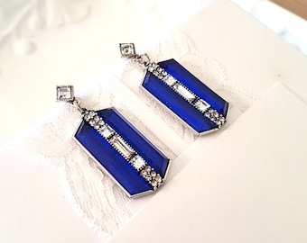 Vintage Style Art Deco Sapphire Blue Earrings geometric silver rectangle inlaid square crystals retro Gatsby wedding bridal antique rare