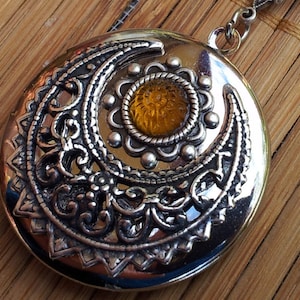 Sun Locket Round Silver Yellow Necklace  Vintage Victorian Filigree and glass topaz november birthstone sunflower sunny stainless steel