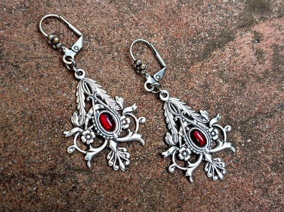Victorian Gothic Vintage Style Filigree Earrings:  Silver Ornate Floral Swarovski Dark Siam Red Garnet