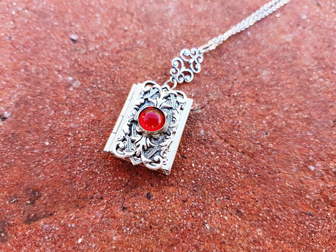 Enchanted Book Silver Locket - Box Locket With Filigree Glass Ruby Gem ...