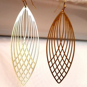 Art Deco Brass Drop Earrings: Geometric Feather Dangle