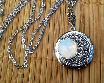 Victorian Style Moon Locket Necklace: Vintage Glass White Opal, Crescent Filigree