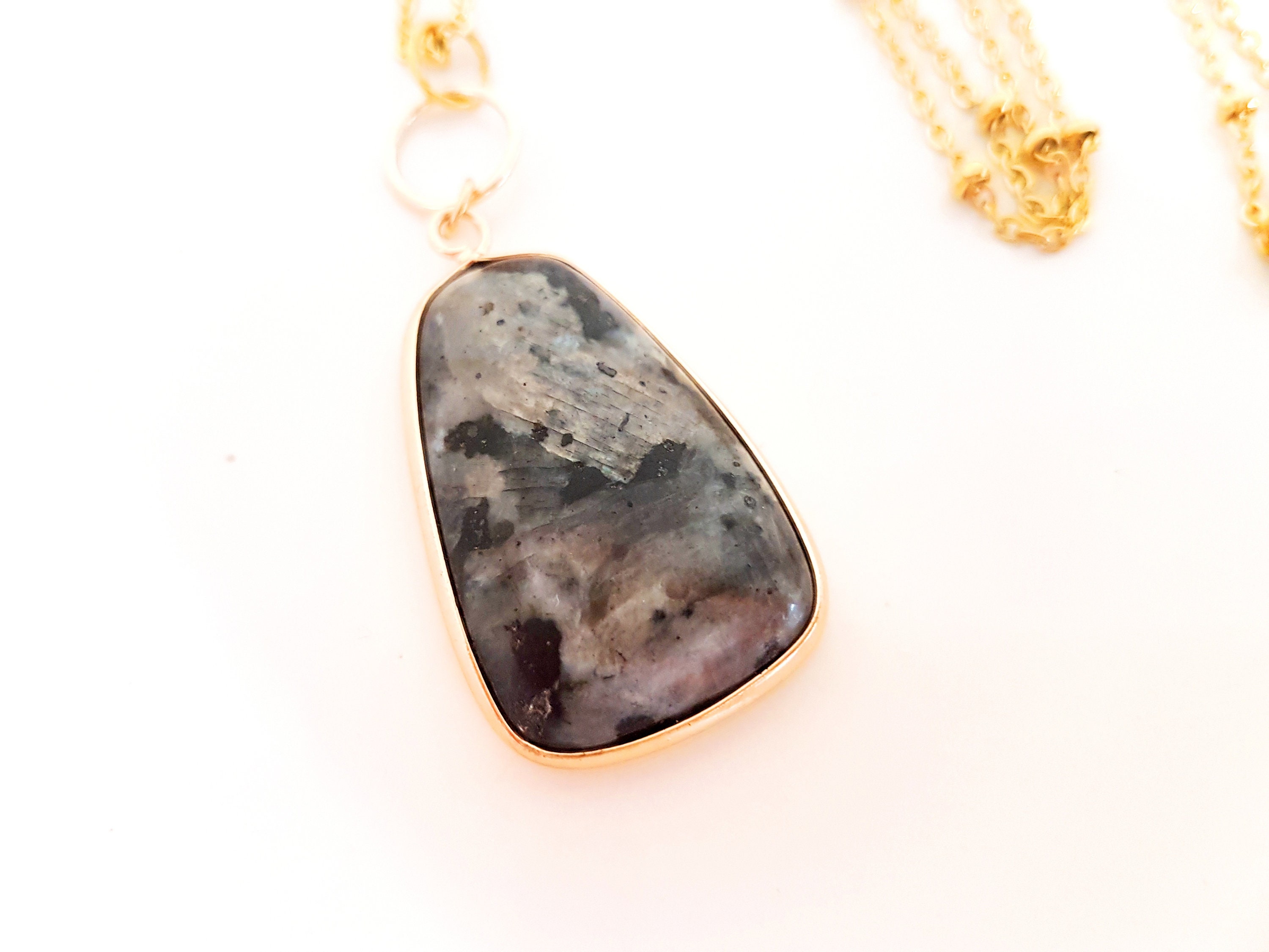 Larvikite Stone Necklace: Gold Plated Bezel, Stainless Steel Chain