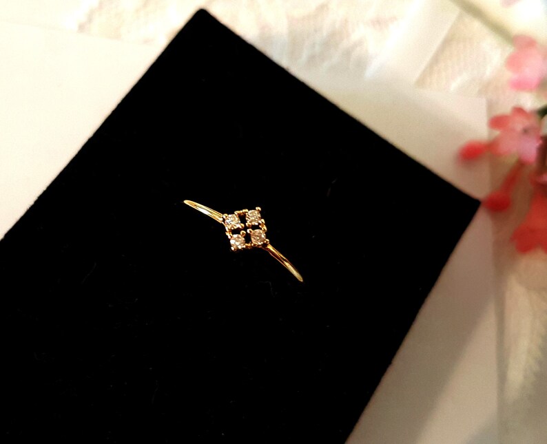 Tiny Dainty Gold Four Leaf Clover Ring delicate flower floral Irish Celtic Shamrock stacking ring stackable ring minimalist geometric square