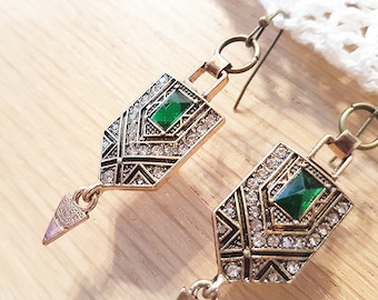 Vintage Style Art Deco Gold Emerald Earrings geometric retro antique rectangle earrings dangle and drop statement earrings glass crystals
