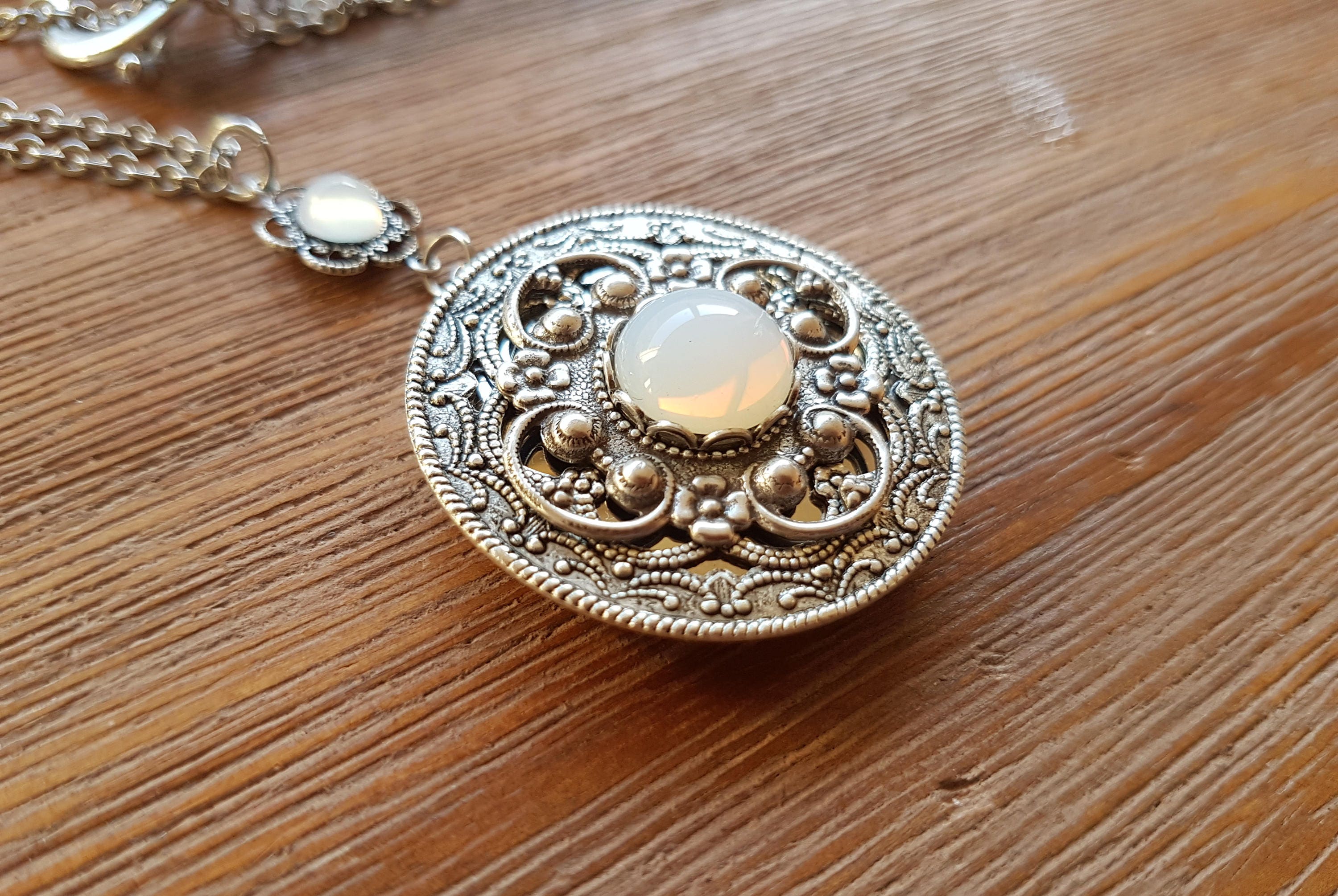 Victorian Vintage Style Moon Flower Locket Necklace: Opal Glass Filigree, Long Chain