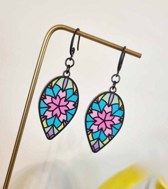Faux Stained Glass Earrings: Acrylic Floral Kaleidoscope Dangle - Etsy