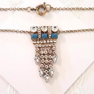 Art Deco Art Deco Kristallhalskette: Türkiser & Strass-Gatsby-Anhänger