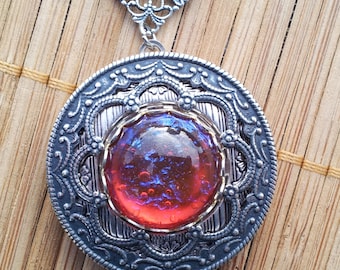 Vintage Style Dragon Breath Opal Silver Round Locket: Victorian Filigree Keepsake Necklace