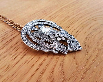 Vintage Art Deco Crystal Pendant Necklace: Silver Geometric Gatsby Style