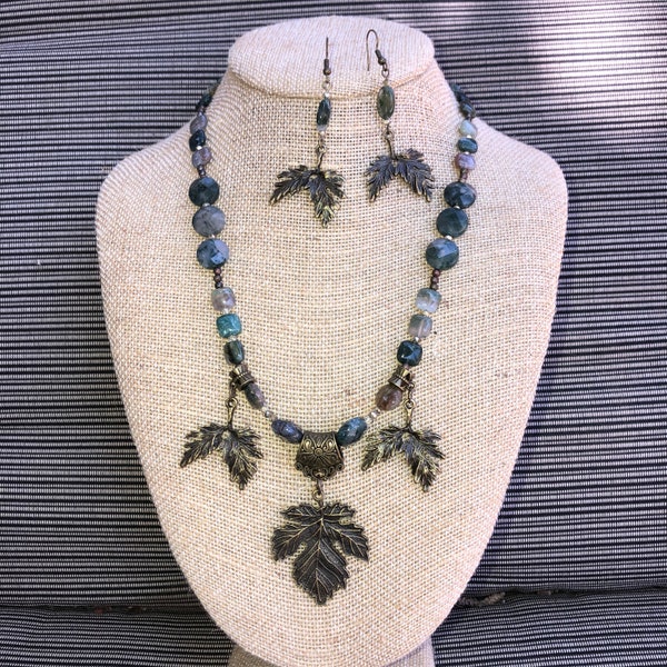 Handmade, Jewelry, Beaded Necklace, Gemstone Necklace Set, Green Moss Agate Necklace, Gift for Her, Set with Earrings