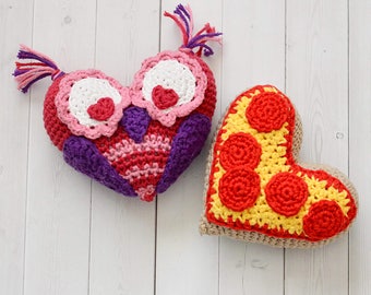 Heart shaped Pizza and Owl Crochet Valentine PDF Pattern - Amigurumi pizza pattern - Stuffed pizza - pizza plush - Crochet pattern