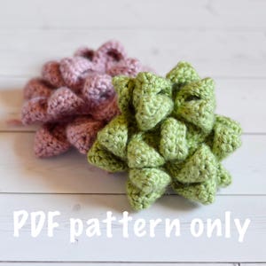 May include: Two crocheted succulent plants, one pink and one green, on a white wooden background. The text "PDF pattern only" is written below the plants.