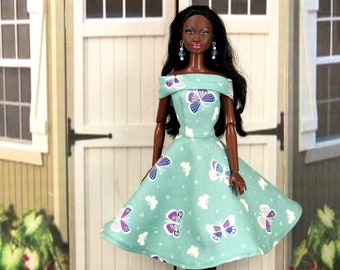 Glow-In-The-Dark Dress For Barbie Size Dolls -Teal Green Dress with Earrings and Heels For 11.5 inch Fashion Dolls