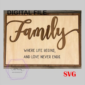 Family - Where Life Begins and Love Never Ends Sign SVG Laser File Glowforge