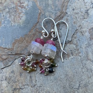 Moonstone and Pink Tourmaline Earrings with Sterling Silver and Watermelon Tourmaline Dangle Clusters, 1.5 inch image 2