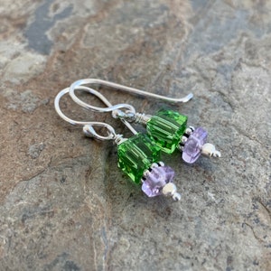 Peridot and Amethyst Earrings with Sterling Silver, 1.25 inch