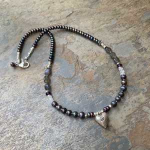 Peacock Pearl Necklace with Labradorite, Amethyst and Sterling Hill Tribe Silver, 18 inch