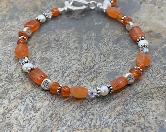 Carnelian and Pearl Bracelet with Crystals and Sterling Silver, 7.5 inches