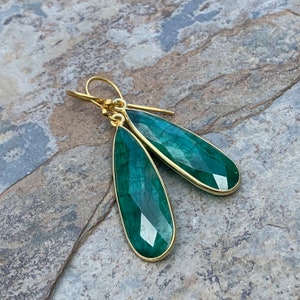 Long Emerald Bezel Set Earrings with Gold Vermeil, 1.75 inch