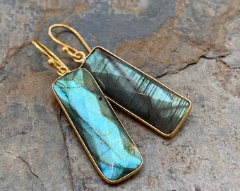 Long Labradorite Earrings, with Gold Vermeil Bezel Setting, 1.75 inches long