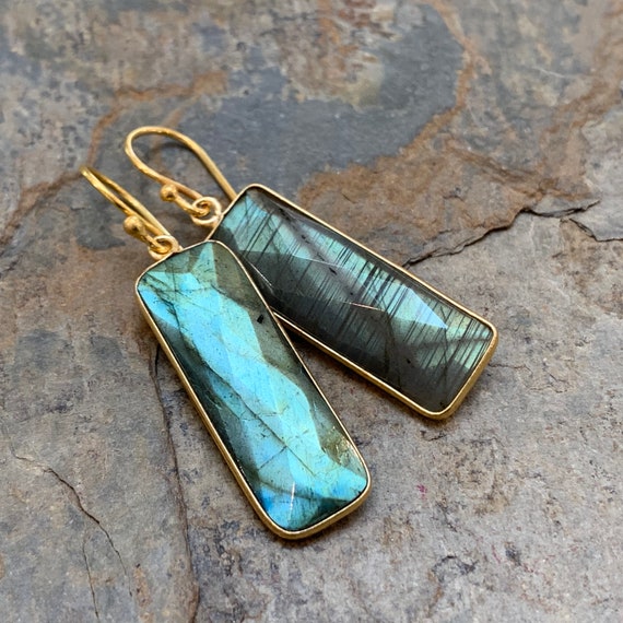 Labradorite Earrings, with Gold Vermeil Bezel Setting, Long Rectangles, 1.75 inches long