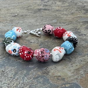 Colorful Skull Bracelet, Sugar Skulls, Day of the Dead bracelet with Sterling Silver, 8 inch