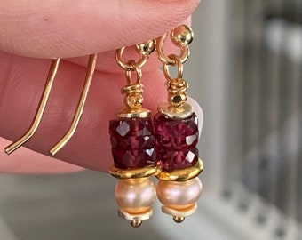 Garnet and Pink Pearl Earrings with Vermeil Gold, 1.25 inch