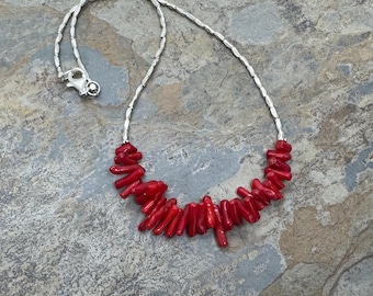 Red Coral and Sterling Silver Necklace, 16 inches