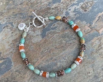 Turquoise, Carnelian and Andalusite Bracelet with Sterling Hill Tribe Silver, 7.5 inch