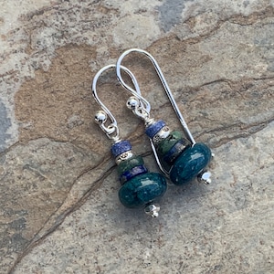 Multi Gemstone Stack Earrings featuring Neon Apatite, Lapis Lazuli, Emerald and Sterling Silver, 1.5 inch