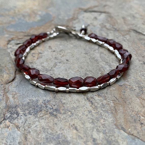 Double Strand Garnet and Hill Tribe Silver Bracelet, 18 inches