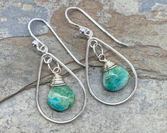 Blue Green Opaline Teardrop Earrings, 1.75 inches