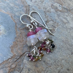 Moonstone and Pink Tourmaline Earrings with Sterling Silver and Watermelon Tourmaline Dangle Clusters, 1.5 inch image 3