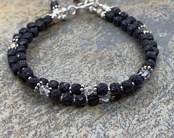 Dark Blue Sandstone Bracelet, Double Strand with Crystals and Sterling Silver, 7.5 inch