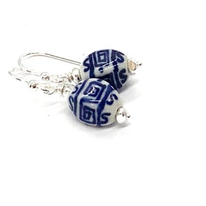 Chinoiserie Earrings, Blue and White, with Sterling Silver, 1.25 inches