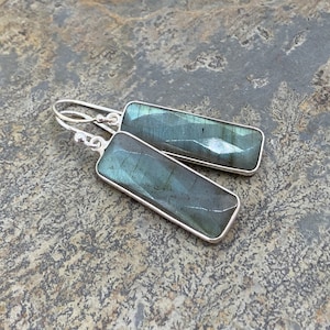 Long Rectangle Labradorite Bezel Earrings set in Sterling Silver, 1.75 inches
