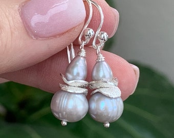 Silver Pearl Earrings with Sterling Silver, 1.5 inch