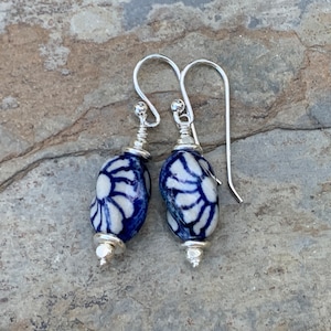 Blue and White Flower Earrings, 1.75 inches long